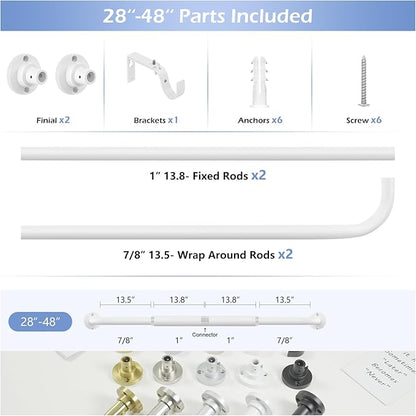 White Wrap Around Curtain Rods 28 to 48 Inch:Blackout Heavy duty Adjustable Window Curtain Rod for Bedroom,Industrial Darkening Curved French Metal Single Drapery Rods Easy Install,Pure White