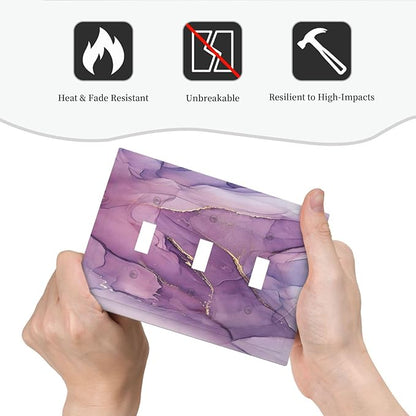 Decorative Switch Plates Purple Marbling Golden Line 3 Gang Wall Plate Triple Toggle Light Switch Cover Faceplate Electrical Wall Panels for living Room Bathroom Decor
