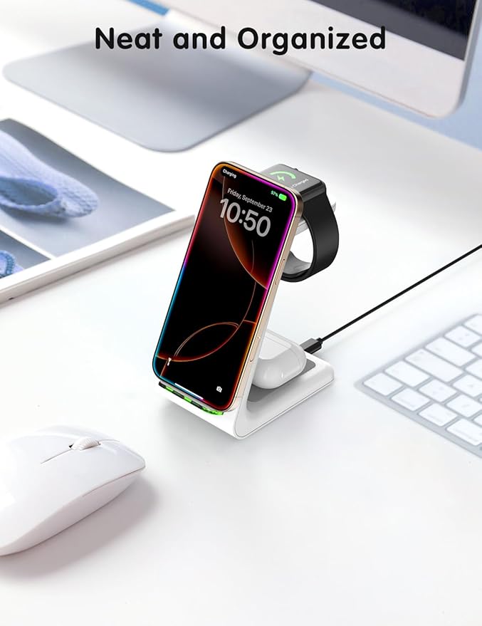 Wireless Charger for iPhone Charging Station: 3 in 1 Phone Charger Stand for iPhone 17/16/15/14/13/12/11/SE/X Pro Max Plus - Apple Watch 11/10/9/Ultra 2/8/SE/7/6/5 - AirPods 4/Pro 2/3