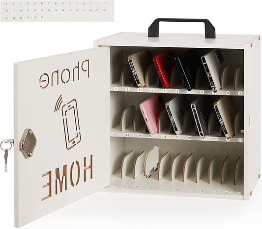 Echaprey Cell Phone Holder Classroom Adjustable 33 Slots Pocket Chart Wooden Cell Phone Storage Cabinet with Handle and Lock Desktop Cell Phone Holder for Classroom Office (White)