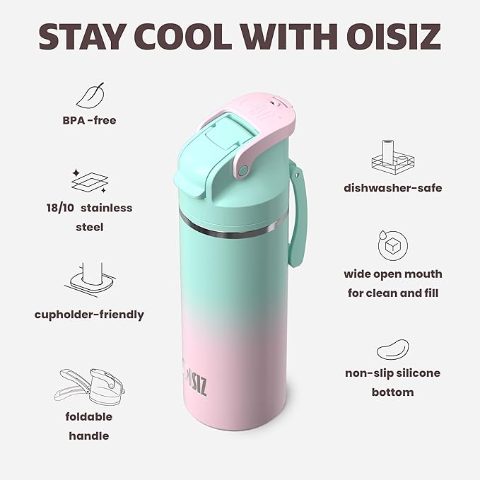 OISIZ Insulated Water Bottle 20 oz with 2 in 1 Spout and Straw Lid,One Click Safety Lock,100% Leakproof,Keep Cold 24H,Vacuum Stainless Steel Water Bottle for School,Travel and Sports,Dishwasher Safe
