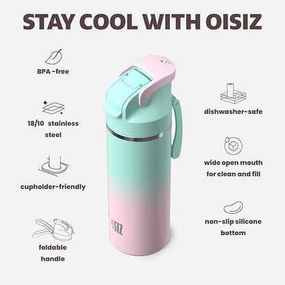 OISIZ Insulated Water Bottle 20 oz with 2 in 1 Spout and Straw Lid,One Click Safety Lock,100% Leakproof,Keep Cold 24H,Vacuum Stainless Steel Water Bottle for School,Travel and Sports,Dishwasher Safe