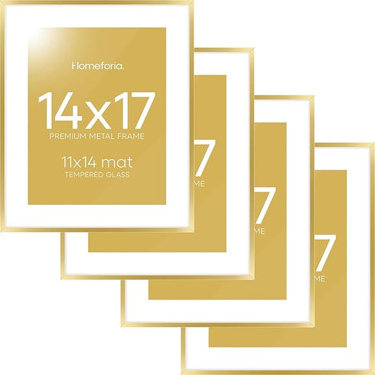 Homeforia 14x17 Picture Frame Gold, High End Metal 14x17 Poster Frames with Mat 11x14 Photo, 14 x 17 Gold Frames Matted to 11 by 14 Print, 17x14 Thin Hanging Frames, Tempered Glass, Wall Kit, Set of 4