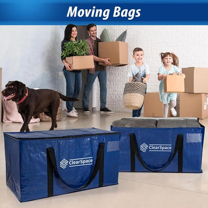 ClearSpace Heavy Duty Moving Bags or Storage Bag – Large Moving Boxes with Backpack Straps, Zippers & Handles – Perfect for Moving, College Dorm, Traveling, Camping, Christmas Decorations, 6 Pack