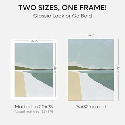 Homeforia 24x32 Picture Frame White Wood, High End Oak 24 x 32 Poster Frame with Mat 20 by 28 for Photo, 24x32 Large Wooden Picture Frame Matted to 20x28, 32x24 Thin Frames, Tempered Glass, Wall Kit, Set of 1