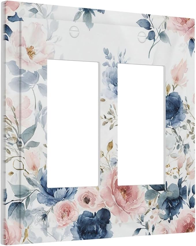 Elegant Watercolor Pink Blue Flowers Floral Outlet Covers Light Switch Cover Plate 2 Gang Double Rocker Wall Plates Decorative Switch Plates Plug Cover Electrical GFCI Receptacle for Home 4.9 X 5 IN
