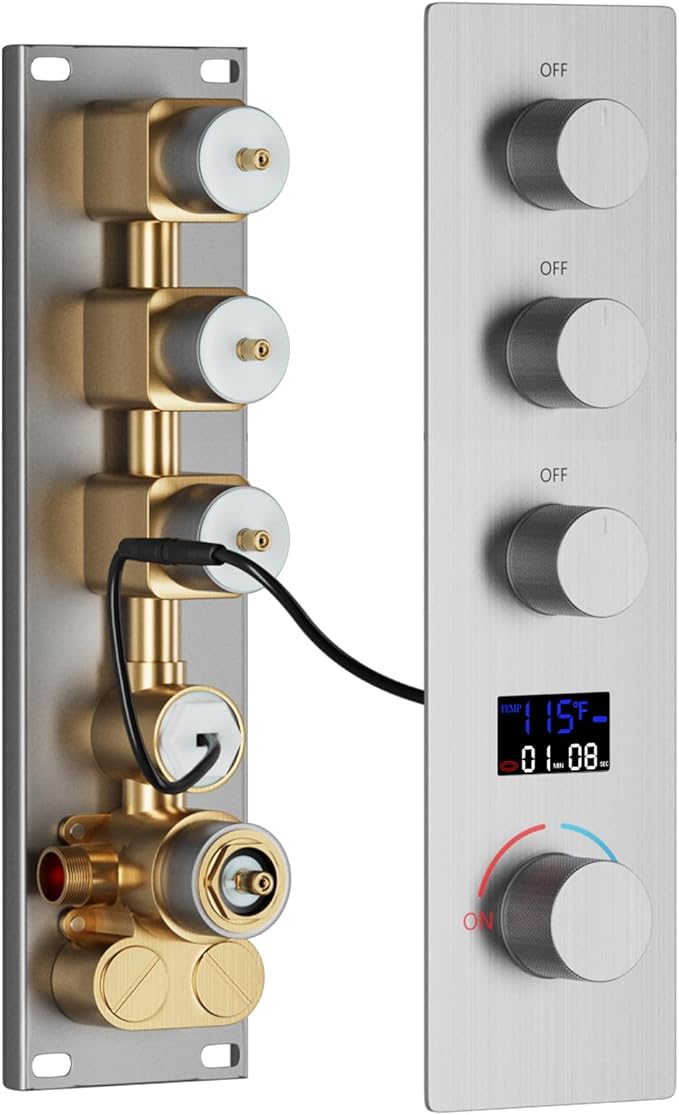 Triple Function Shower Diverter Digital Display Shower Mixer Valve Kit Replacement Temperature Control Valve with Individual On Off Flow Control Shower Valve, Brushed Nickel