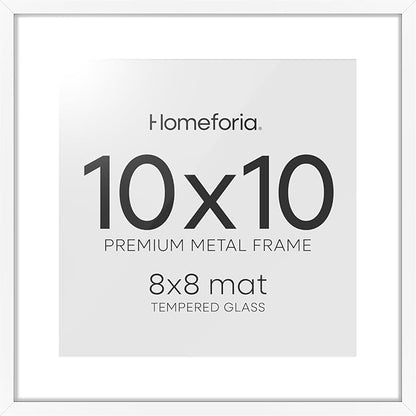 Homeforia 10x10 White Picture Frame, High End Metal 10 by 10 Square Frames with Mat 8 x 8 Opening, 10by10 Poster Frames Matted to 8x8 Photo, Wall or Tabletop Frames, Tempered Glass, Wall Kit, Set of 1