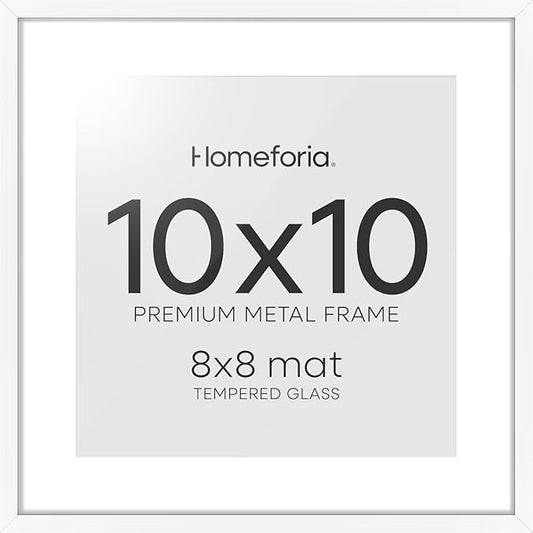 Homeforia 10x10 White Picture Frame, High End Metal 10 by 10 Square Frames with Mat 8 x 8 Opening, 10by10 Poster Frames Matted to 8x8 Photo, Wall or Tabletop Frames, Tempered Glass, Wall Kit, Set of 1