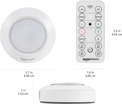 Amazon Basics LED Puck Lights, Color Changing, Battery Operated, IR Remote, 40 Lumens, 2 Pack, Wireless Stick on Lights, Under Cabinet Lighting, Ideal for Closets, and More, White