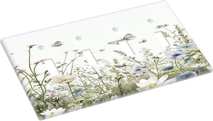 Colorful Wildflowers Daisy Plant Butterfly Floral Light Switch Covers Quad Toggle Electrical Faceplate 4 Gang Wall Plate Decorative Switch Plates for Bed Room Living Room Decor