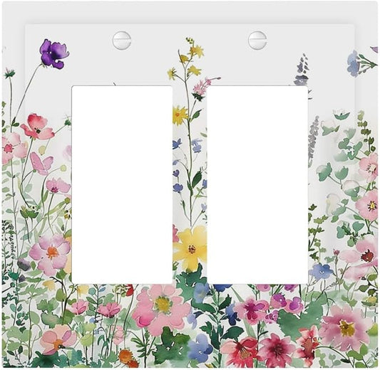 Decorative Outlet Covers Boho Colorful Flowers Plant Rustic Wildflower 2 Gang Double GFCI Rocker Electrical Wall Panels Light Switch Cover Plate for Bed Room Bathroom Decor