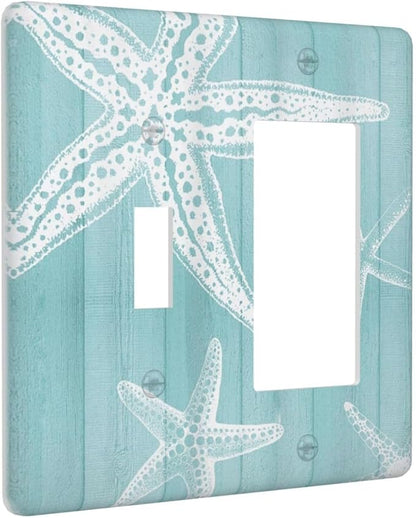 Decorative Outlet Covers Starfish Teal Wood Board Nautical 2 Gang Light Switch Cover Plate Single Toggle 1 Rocker Wall Plates for Electrical Outlets Switch Plate Covers for Bedroom Home Decor