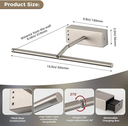 JOOSENLUX Battery Operated Picture Light 3CCT Dimmable Wireless Art Light for Paintings with Adjustable Swing Arm, 16-inch Brushed Nickel Gallery Light for Picture Display