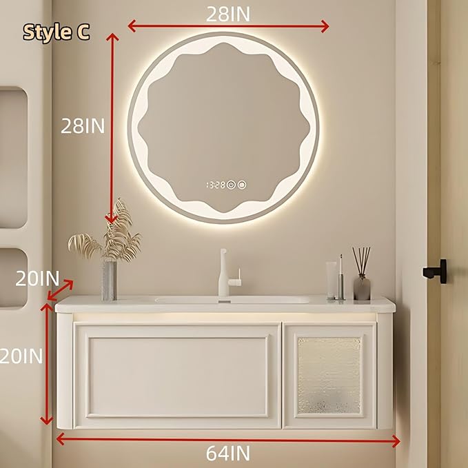 64IN Wall Mounted Bathroom Vanity Set - Wood Bathroom Vanities has Tissue Hole Design | Includes Smart Defogging Mirror Cabinet & Time Display, Rounded Corners, Glass Cabinet Doors (Style C)