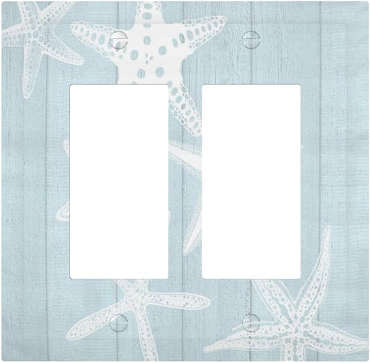 Beach Starfish Vintage Wood Rustic Country Ocean Decorative Outlet Covers 2 Gang Double GFCI Rocker Electrical Wall Panels Light Switch Cover Plate for Farmhouse Kids Room Decor