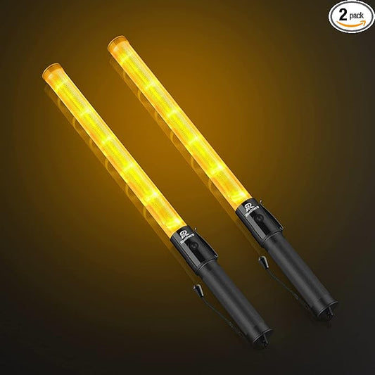 RoadHero 2 Pack 21 Inch Traffic Wand, Yellow Led Traffic Control Baton, Night Safety Light Wands with 2 Flashing Modes, Air Marshaling Signal Wand with Side Clip for Airport, Parking, Car Directing
