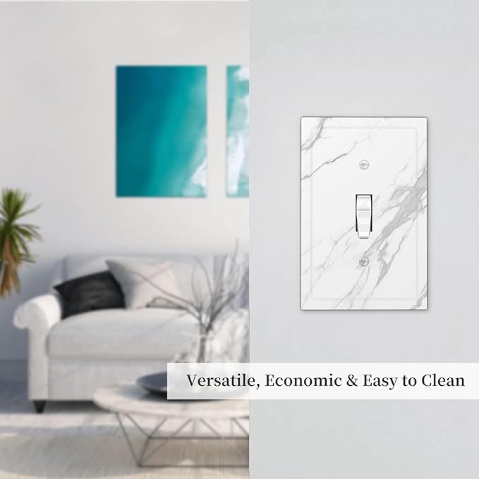 Decorative Light Switch Cover Modern White Gray Marble 1 Gang Single Toggle Device Electrical Faceplate Switchplates Decorator Outlet Wall Plate for living Room Bathroom Decor