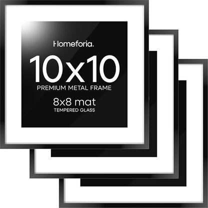 Homeforia 10x10 Black Picture Frame, High End Metal 10 by 10 Square Frames with Mat 8 x 8 Opening, 10by10 Poster Frames Matted to 8x8 Photo, Wall or Tabletop Frames, Tempered Glass, Wall Kit, Set of 3