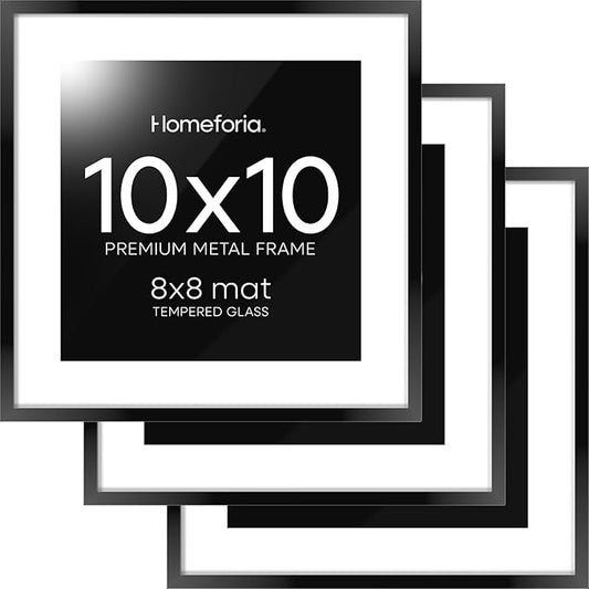 Homeforia 10x10 Black Picture Frame, High End Metal 10 by 10 Square Frames with Mat 8 x 8 Opening, 10by10 Poster Frames Matted to 8x8 Photo, Wall or Tabletop Frames, Tempered Glass, Wall Kit, Set of 3