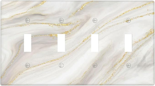 White Grey Gold Marble Simple Tiles Light Switch Covers Quad Toggle Electrical Faceplate 4 Gang Wall Plate Decorative Switch Plates for Bathroom Kitchen Decor
