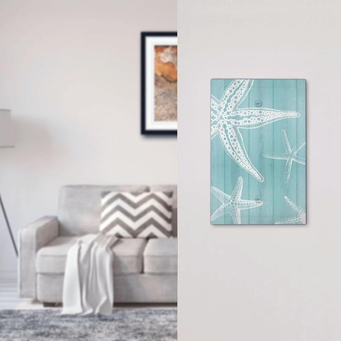 Decorative Light Switch Cover Plate Starfish Teal Wood Board Nautical 1 Gang No Device Single Blank Outlet Covers Wall Plates for Electrical Outlets Faceplate for Bedroom Home Decor
