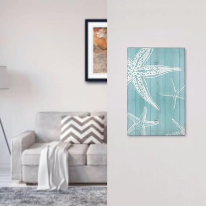 Decorative Light Switch Cover Plate Starfish Teal Wood Board Nautical 1 Gang No Device Single Blank Outlet Covers Wall Plates for Electrical Outlets Faceplate for Bedroom Home Decor