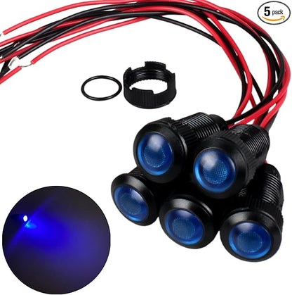 5pcs 12mm 12V-24V LED Indicator Light Plastic Black Signal Dot Lamp 1/2 inches Mounting Hole Size with 15cm/5.9in. Wire (Blue LED)
