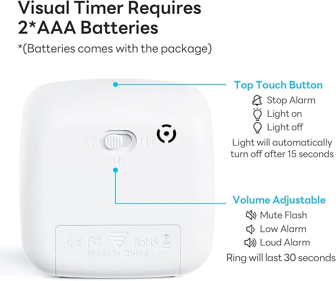 Yunbaoit Visual Timer with Night Light, 60-Minute Countdown Timer for Kids and Adults, Silent Classroom Timer, Time Management Tool for Home, School, or Work (Light White)