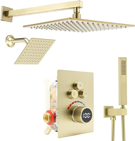 Digital Display Dual Head Shower system Rain Shower System Shower Wall Mount 10 Inch Ceiling Shower Head with 6 Inch Shower Head with shower handheld(Brushed Gold)