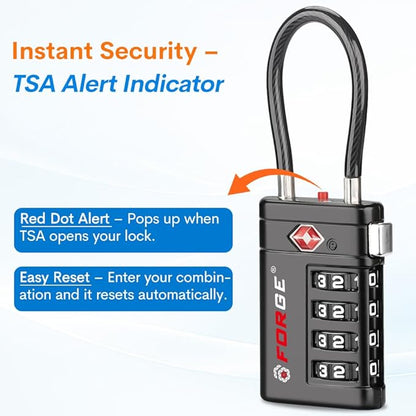 Forge TSA Approved Luggage Locks 4 Digit Combination TSA Travel Locks with TSA008, Open Alert Indicator, Zinc Alloy Body for Luggage, Suitcase, Backpack, and More. Black 6 Locks.