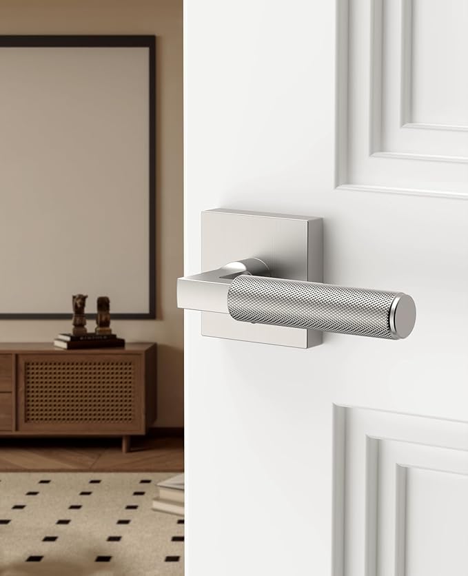 Asidrama 4 Pack Brushed Satin Nickel Privacy Door Handles, Door Lever with Door Knobs Indoor for Bedroom or Bathroom, Heavy Duty Door Handles Interior with Locks for Left Right Sided Doors