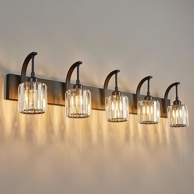 5-Light Crystal Vanity Light, Modern Black Bathroom Wall Sconce with K9 Crystal Shades, 42.51" Long Over Mirror Lighting for Vanity, Makeup, Hallway, Elegant & Easy Installation