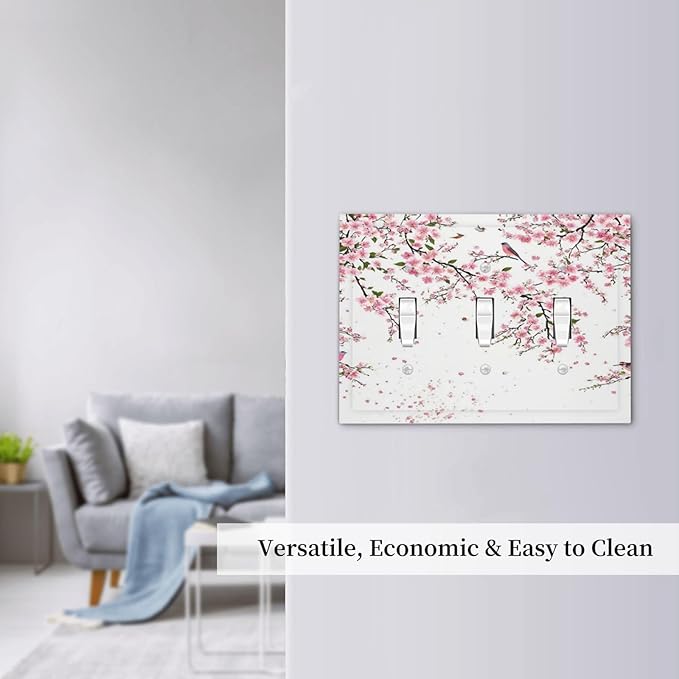 Decorative Light Switch Plate Covers Rustic Plum Blossom Pink Flowers 3 Gang Light Switch Cover Triple Toggle Wall Plate Outlet Covers for Country Home Bedroom Decor