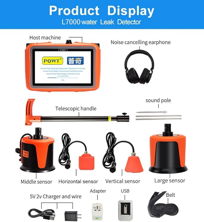PQWT L6000 Underground Water Leak Detectors Indoor Outdoor Wall Water Pipe Detector Machine Multi Sensor Acoustic Pipeline Leakage Detection Kit Noise Reduction Headphone Smart Touchscreen Carry Case