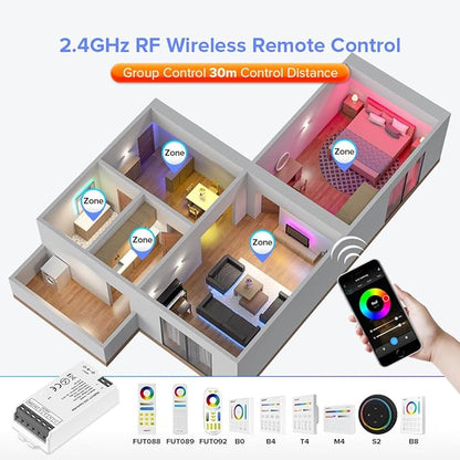 BTF-LIGHTING C05RF Tuya Controller Support PWM 5050SMD FCOB COB RGBCCT (+ R G B C W) 6pin LED Strip Bulb Support with WR02RF RC03RFB RF Remote DC5V/12V/24V Max 12A Indoor Use Only(NO Remote NO Power)