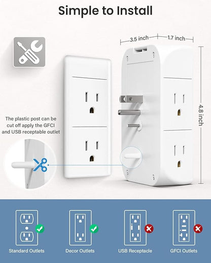 PD20W Wall Outlet Extender, Outlet Splitter with Shelf and Night Light, USB Wall Charger with 5 AC Outlets and 3 USB A Ports 1 USB C Ports Wide Space 3-Sided Power Strip Multi Plug Outlets