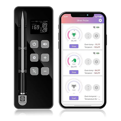 Smart Bluetooth Wireless Meat Thermometer with Display Base, NIST ±0.5°F Accuracy, 1000°F Heat-Resistant Ultra-Thin Probe, Long-Range 10X Sub-1G Signal, WiFi Range for BBQ, Grill, Oven & Smoker–Grey