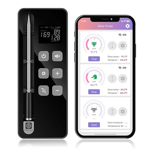 Smart Bluetooth Wireless Meat Thermometer with Display Base, NIST ±0.5°F Accuracy, 1000°F Heat-Resistant Ultra-Thin Probe, Long-Range 10X Sub-1G Signal, WiFi Range for BBQ, Grill, Oven & Smoker–Grey