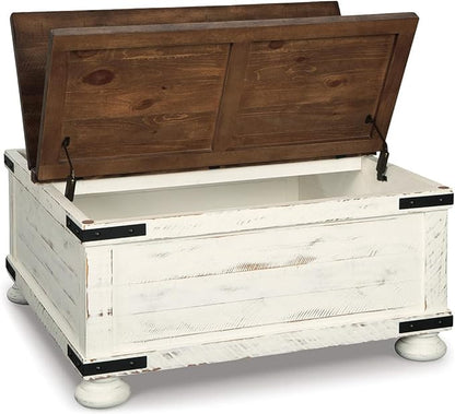 Signature Design by Ashley Wystfield Farmhouse Coffee Table with Storage, Hinged Lift Top, Wood, 36" W x 36" D x 18" H, Distressed White