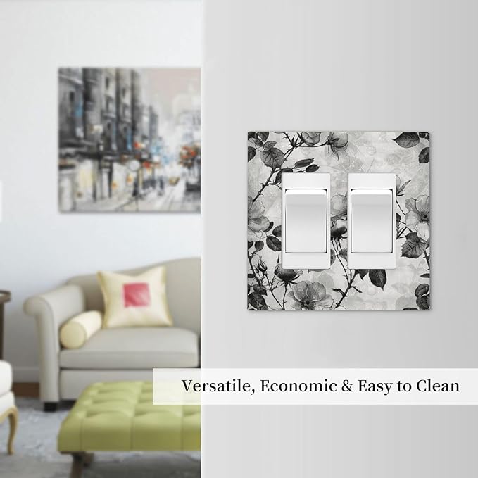 Decorative Outlet Covers Black Breezy Watercolor Garden Floral 2 Gang Double GFCI Rocker Electrical Wall Panels Light Switch Cover Plate for Bedroom Home Decor