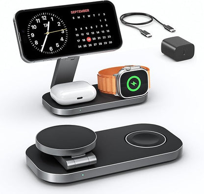 3 in 1 Wireless Charging Station for Apple Devices, Magnetic Foldable Fast Charger Stand Compatible with MagSafe for iPhone Air/17/16/15/14/13/12 Series, Apple Watch & AirPods Pro/4/3/2