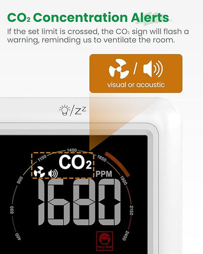 Newentor CO2 Monitor, Indoor Air Quality Meters, Carbon Dioxide Detector with Voice Alert, Large Display CO2 Tester, Temperature Humidity Sensor, Alarm Clock for Home, RV, Grow Tents, White