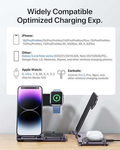 Intoval Metal Charging Station for iPhone 17/16/15/14/13/12/11/XS/XR/XS, 3 in 1 Wireless Charger for Apple Watch 11/Ultra 3/SE/10/9/8/7/6/5/4/3/2, for AirPods 4/Pro/Pro 2/3 (Y9,Purple)