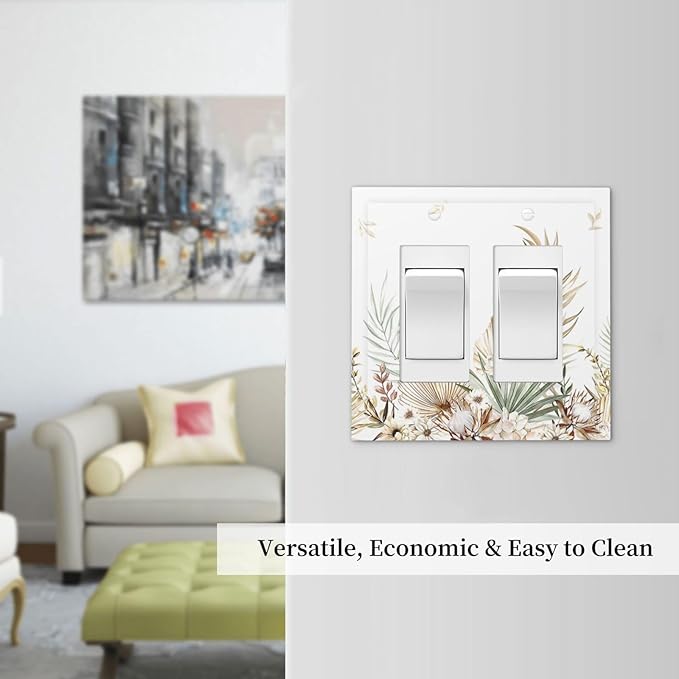 Decorative Outlet Covers Boho Leaves Watercolor Tan Leaf Floral Plant 2 Gang Double GFCI Rocker Electrical Wall Panels Light Switch Cover Plate for Bedroom Home Decor