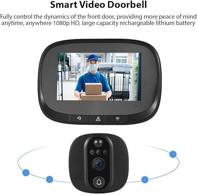 Smart Video Doorbell Camera, WiFi Door Peephole Camera with 4.3in Display Monitor, Tuya APP Wireless Digital Door Viewer, Integrated Doorbell and Night Vision, Rechargeable 3500Ah Battery