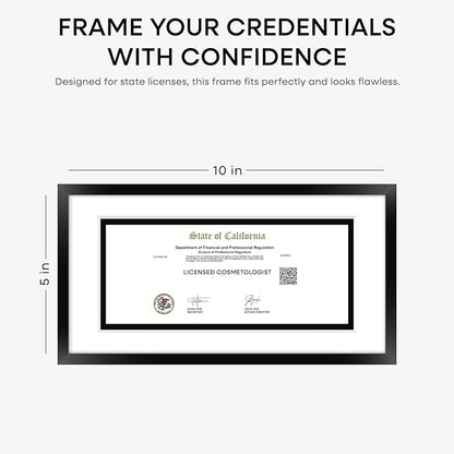 Homeforia 5x10 Business License Frame Black, High End Metal 5 x 10 Document Certificate Frame with Mat 4x9, 5 by 10 Professional License Frames for Wall or Tabletop, Tempered Glass, Wall Kit, Set of 1