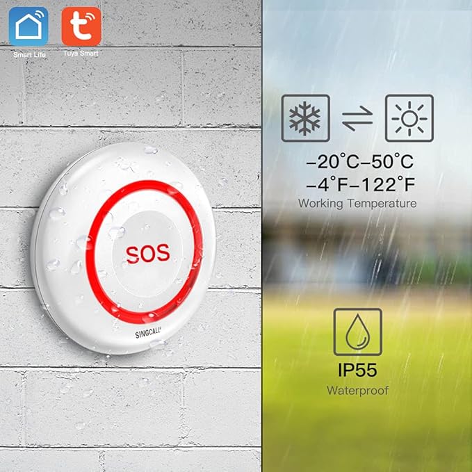 SINGCALL Caregiver Pager Panic Button Alert Button Medical Alert System Emergency Button for Elderly SOS Alarm Bell for Seniors Tuya Smart Waterproof Wireless Pager (only 2.4GHz WiFi)