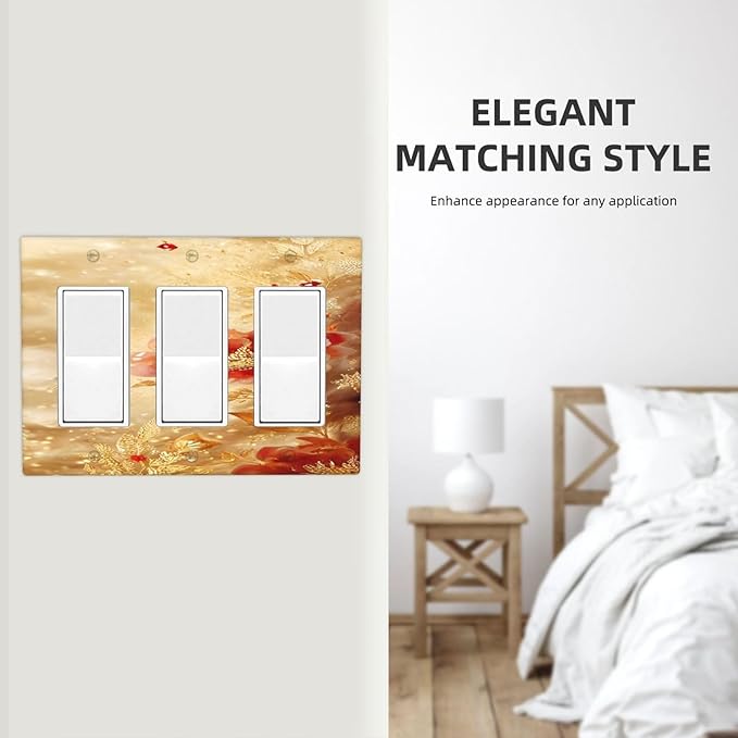 Decorative Outlet Covers Golden Leaf Red Peony Flowers Floral 3 Gang Wall Plate Triple Rocker Light Switch Cover Plate Jumbo Electrical GFCI Faceplate for Bedroom Home Decor