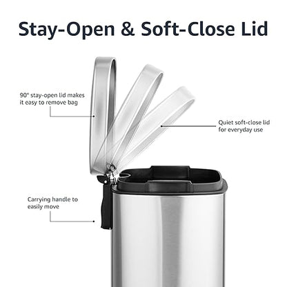 Amazon Basics Smudge Resistant Mini Rectangular Trash Can With Soft-Close Foot Pedal, Brushed Stainless Steel, for Bathroom & small space, 5L/1.32 Gal, 7.3x8.5x11.8 in, Satin Nickel Finish
